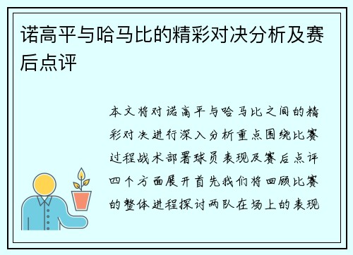 诺高平与哈马比的精彩对决分析及赛后点评