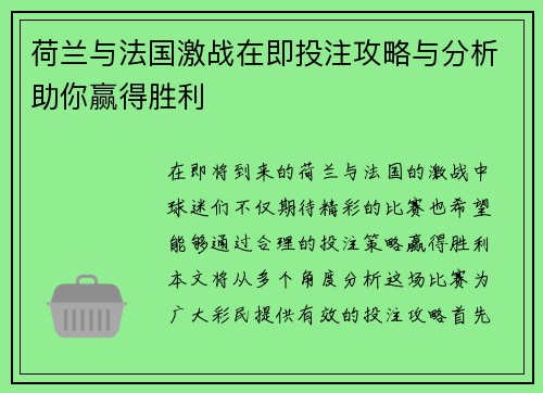 荷兰与法国激战在即投注攻略与分析助你赢得胜利